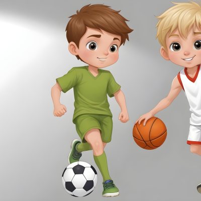 Two Young Cartoon Boys With One Having Brown Hair And The Other With Blonde Hair Playing With A Soccer Ball And Basketball In A Plain White Background 47 4934