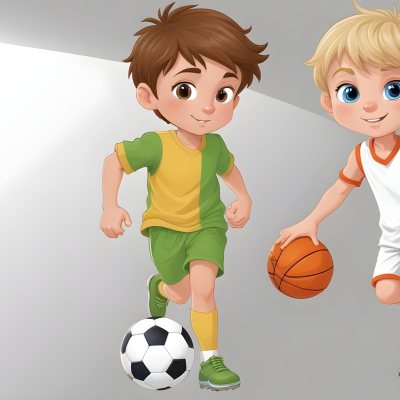 Two Young Cartoon Boys With One Having Brown Hair And The Other With Blonde Hair Playing With A Soccer Ball And Basketball In A Plain White Background 48 B2dd