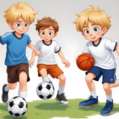 Two Young Cartoon Boys With One Having Brown Hair And The Other With Blonde Hair Playing With A Soccer Ball And Basketball In A Plain White Background 5 A49d