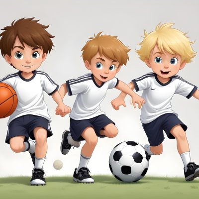 Two Young Cartoon Boys With One Having Brown Hair And The Other With Blonde Hair Playing With A Soccer Ball And Basketball In A Plain White Background 50 6d48