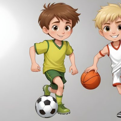 Two Young Cartoon Boys With One Having Brown Hair And The Other With Blonde Hair Playing With A Soccer Ball And Basketball In A Plain White Background 51 Ff84
