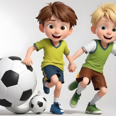 Two Young Cartoon Boys With One Having Brown Hair And The Other With Blonde Hair Playing With A Soccer Ball And Basketball In A Plain White Background 52 B80d