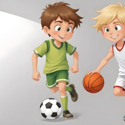 Two Young Cartoon Boys With One Having Brown Hair And The Other With Blonde Hair Playing With A Soccer Ball And Basketball In A Plain White Background 53 B2d0
