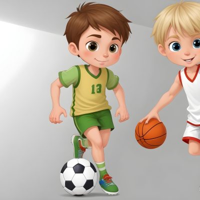 Two Young Cartoon Boys With One Having Brown Hair And The Other With Blonde Hair Playing With A Soccer Ball And Basketball In A Plain White Background 54 77b2
