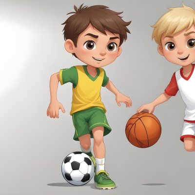 Two Young Cartoon Boys With One Having Brown Hair And The Other With Blonde Hair Playing With A Soccer Ball And Basketball In A Plain White Background 8 F17d