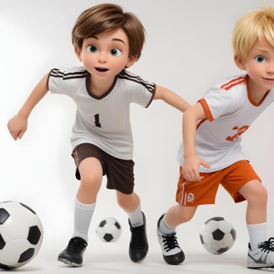 Two Young Cartoon Boys With One Having Brown Hair And The Other With Blonde Hair Playing With A Soccer Ball And Basketball In A Plain White Background 9 8720