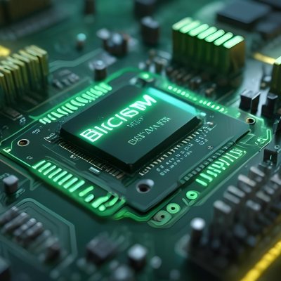 3d Model A Close Up Of A Green Computer Chip With The Word Bicism Written On It Circuit Board With Glowing Elements Bokeh Lights In The Background Figure Octane Render Volumetric Highly Detailed Videogame Aesthet 6 5fd5