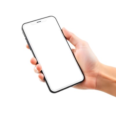 A Fair Skinned Hand Holding A White Smartphone With A Blank Black Screen Isolated On A Black Background 21 C7dd