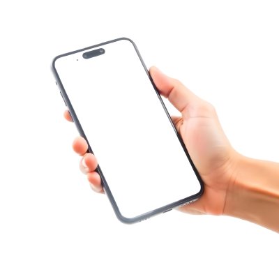 A Fair Skinned Hand Holding A White Smartphone With A Blank Black Screen Isolated On A Black Background 30 6a39