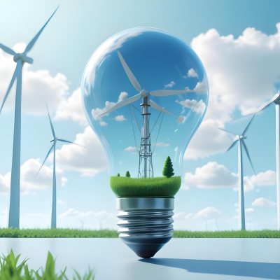 A Light Bulb With A Green Field And Wind Turbines Inside Blue Sky With Clouds More Wind Turbines In The Background 26 2558