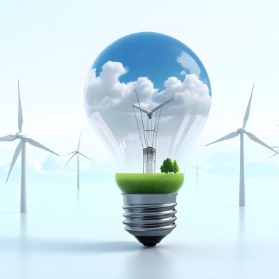 A Light Bulb With A Green Field And Wind Turbines Inside Blue Sky With Clouds More Wind Turbines In The Background 28 9182