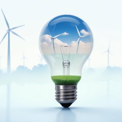 A Light Bulb With A Green Field And Wind Turbines Inside Blue Sky With Clouds More Wind Turbines In The Background 28 F515