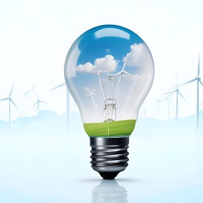 A Light Bulb With A Green Field And Wind Turbines Inside Blue Sky With Clouds More Wind Turbines In The Background 29 E47d
