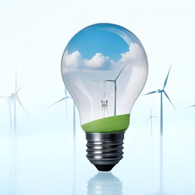 A Light Bulb With A Green Field And Wind Turbines Inside Blue Sky With Clouds More Wind Turbines In The Background 31 E6f5