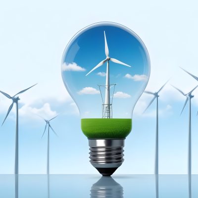 A Light Bulb With A Green Field And Wind Turbines Inside Blue Sky With Clouds More Wind Turbines In The Background 34 F331