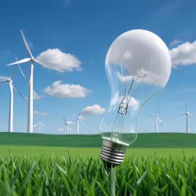 A Light Bulb With A Green Field And Wind Turbines Inside Blue Sky With Clouds More Wind Turbines In The Background 43 7f3c