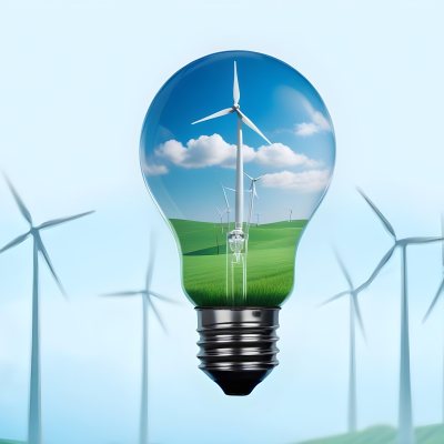 A Light Bulb With A Green Field And Wind Turbines Inside Blue Sky With Clouds More Wind Turbines In The Background 48 Ebc1