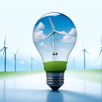 A Light Bulb With A Green Field And Wind Turbines Inside Blue Sky With Clouds More Wind Turbines In The Background 5 C444