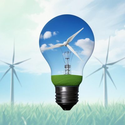 A Light Bulb With A Green Field And Wind Turbines Inside Blue Sky With Clouds More Wind Turbines In The Background 51 F85c