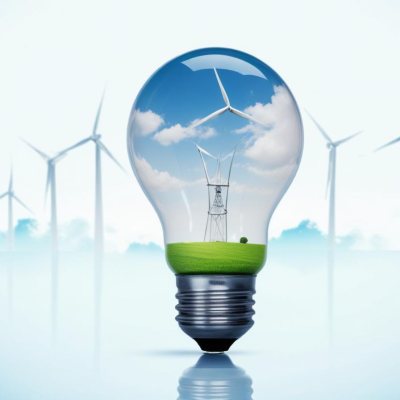 A Light Bulb With A Green Field And Wind Turbines Inside Blue Sky With Clouds More Wind Turbines In The Background 52 5439