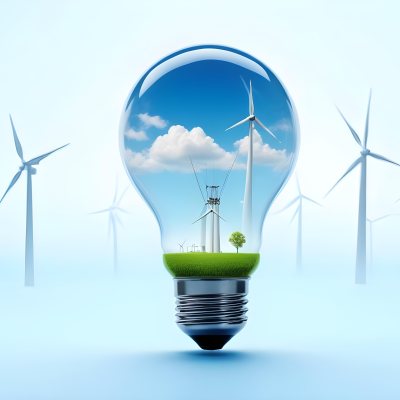 A Light Bulb With A Green Field And Wind Turbines Inside Blue Sky With Clouds More Wind Turbines In The Background 53 572b