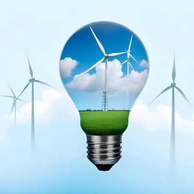 A Light Bulb With A Green Field And Wind Turbines Inside Blue Sky With Clouds More Wind Turbines In The Background 7 81d0
