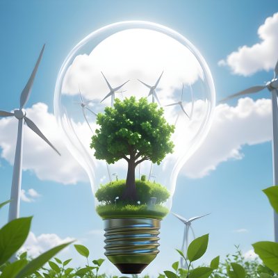 A Light Bulb With A Tree Inside Green Leaves Around The Bulb Wind Turbines In The Background Blue Sky With Clouds Concept Of Green Energy 15 92b0