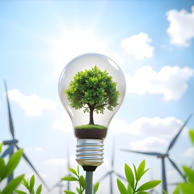 A Light Bulb With A Tree Inside Green Leaves Around The Bulb Wind Turbines In The Background Blue Sky With Clouds Concept Of Green Energy 16 4487