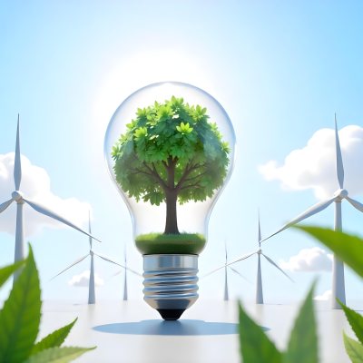 A Light Bulb With A Tree Inside Green Leaves Around The Bulb Wind Turbines In The Background Blue Sky With Clouds Concept Of Green Energy 22 7891