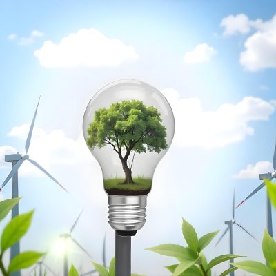 A Light Bulb With A Tree Inside Green Leaves Around The Bulb Wind Turbines In The Background Blue Sky With Clouds Concept Of Green Energy 23 55eb