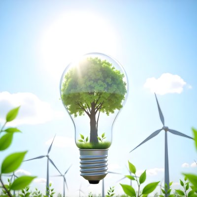 A Light Bulb With A Tree Inside Green Leaves Around The Bulb Wind Turbines In The Background Blue Sky With Clouds Concept Of Green Energy 24 2b0a