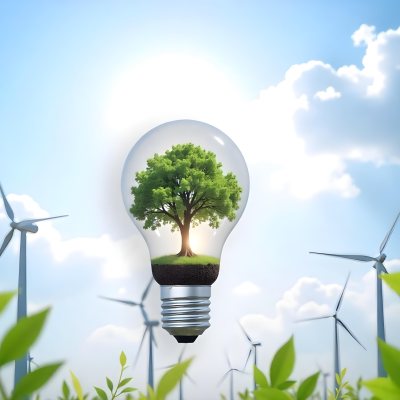 A Light Bulb With A Tree Inside Green Leaves Around The Bulb Wind Turbines In The Background Blue Sky With Clouds Concept Of Green Energy 27 7846