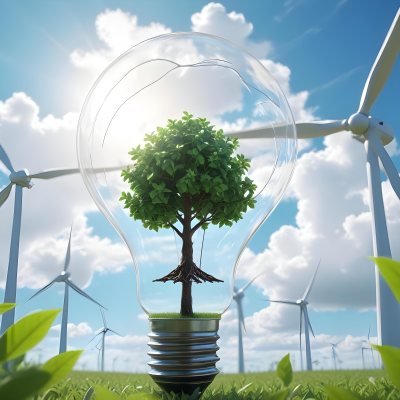 A Light Bulb With A Tree Inside Green Leaves Around The Bulb Wind Turbines In The Background Blue Sky With Clouds Concept Of Green Energy 3 7656