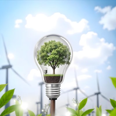 A Light Bulb With A Tree Inside Green Leaves Around The Bulb Wind Turbines In The Background Blue Sky With Clouds Concept Of Green Energy 36 8dbb