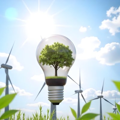 A Light Bulb With A Tree Inside Green Leaves Around The Bulb Wind Turbines In The Background Blue Sky With Clouds Concept Of Green Energy 38 5658
