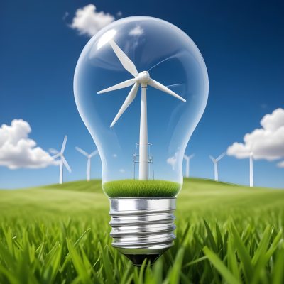 A Light Bulb With A Wind Turbine Inside Green Grass At The Bottom Blue Sky With Clouds In The Background Wind Turbines In The Distance 11 0b42