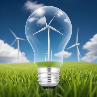 A Light Bulb With A Wind Turbine Inside Green Grass At The Bottom Blue Sky With Clouds In The Background Wind Turbines In The Distance 13 62b6