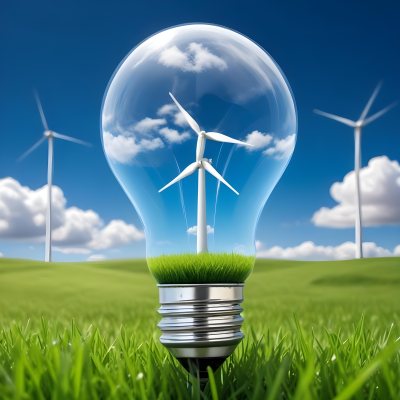 A Light Bulb With A Wind Turbine Inside Green Grass At The Bottom Blue Sky With Clouds In The Background Wind Turbines In The Distance 15 Fce6