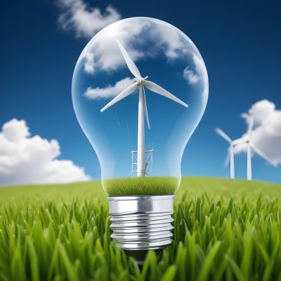 A Light Bulb With A Wind Turbine Inside Green Grass At The Bottom Blue Sky With Clouds In The Background Wind Turbines In The Distance 18 Fa97