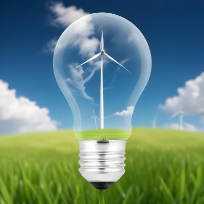 A Light Bulb With A Wind Turbine Inside Green Grass At The Bottom Blue Sky With Clouds In The Background Wind Turbines In The Distance 25 01b2