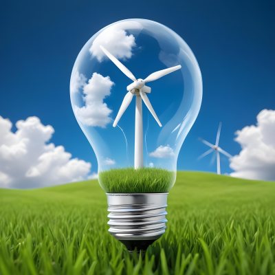 A Light Bulb With A Wind Turbine Inside Green Grass At The Bottom Blue Sky With Clouds In The Background Wind Turbines In The Distance 32 2a52