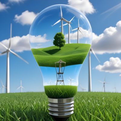 A Light Bulb With A Wind Turbine Inside Green Grass At The Bottom Blue Sky With Clouds In The Background Wind Turbines In The Distance 34 8db2