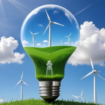 A Light Bulb With A Wind Turbine Inside Green Grass At The Bottom Blue Sky With Clouds In The Background Wind Turbines In The Distance 36 43f8
