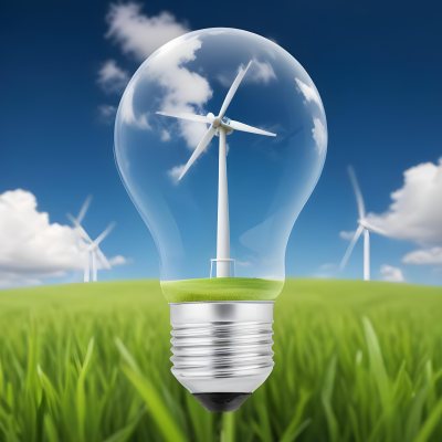 A Light Bulb With A Wind Turbine Inside Green Grass At The Bottom Blue Sky With Clouds In The Background Wind Turbines In The Distance 37 7b4f