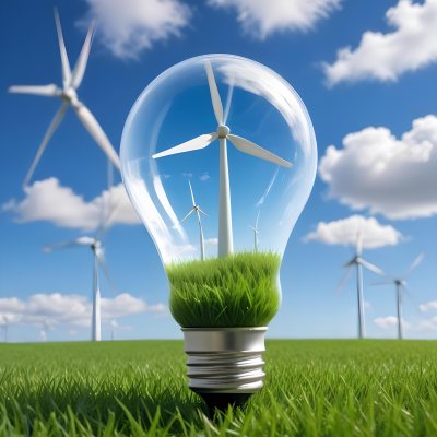 A Light Bulb With A Wind Turbine Inside Green Grass At The Bottom Blue Sky With Clouds In The Background Wind Turbines In The Distance 41 Ce01