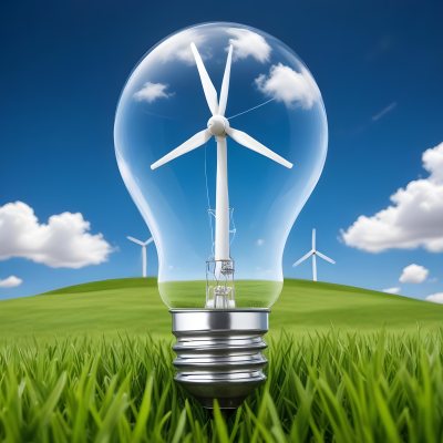 A Light Bulb With A Wind Turbine Inside Green Grass At The Bottom Blue Sky With Clouds In The Background Wind Turbines In The Distance 5 38aa