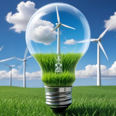 A Light Bulb With A Wind Turbine Inside Green Grass At The Bottom Blue Sky With Clouds In The Background Wind Turbines In The Distance 6 Fa97