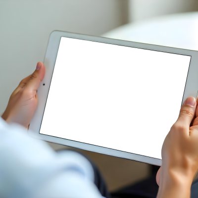 A Person Holding A Tablet With A Blank Blue Screen The Background Is Blurred And Out Of Focus The Person Is Wearing A White Shirt 11 4d65