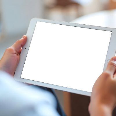 A Person Holding A Tablet With A Blank Blue Screen The Background Is Blurred And Out Of Focus The Person Is Wearing A White Shirt 18 5659