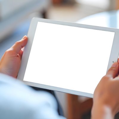 A Person Holding A Tablet With A Blank Blue Screen The Background Is Blurred And Out Of Focus The Person Is Wearing A White Shirt 22 Cd23